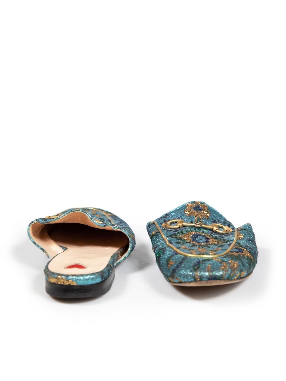 Gucci Blue Brocade Princetown Horsebit Mules Size IT 39 In Good Condition For Sale In London, GB