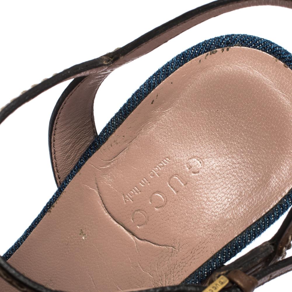 Black Gucci Blue/Brown Denim and Leather Claudia Horsebit Platform Sandals Size 37.5