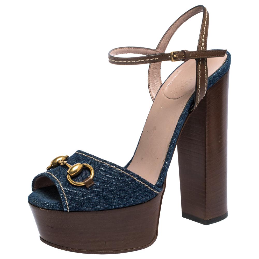 Gucci Blue/Brown Denim and Leather Claudia Horsebit Platform Sandals Size 37.5
