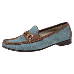 Gucci Blue/Brown Denim and Leather Horsebit Loafers Size 38.5