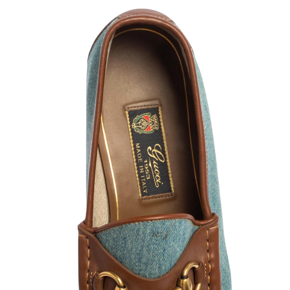 Gucci Blue/Brown Denim And Leather Horsebit Loafers Size 41 In Good Condition In Dubai, Al Qouz 2