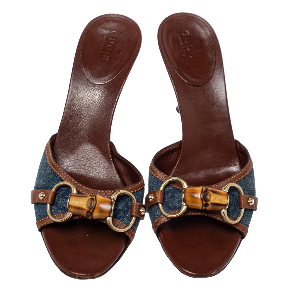 Black Gucci Blue/Brown Denim And Leather Horsebit Slides Size 36.5