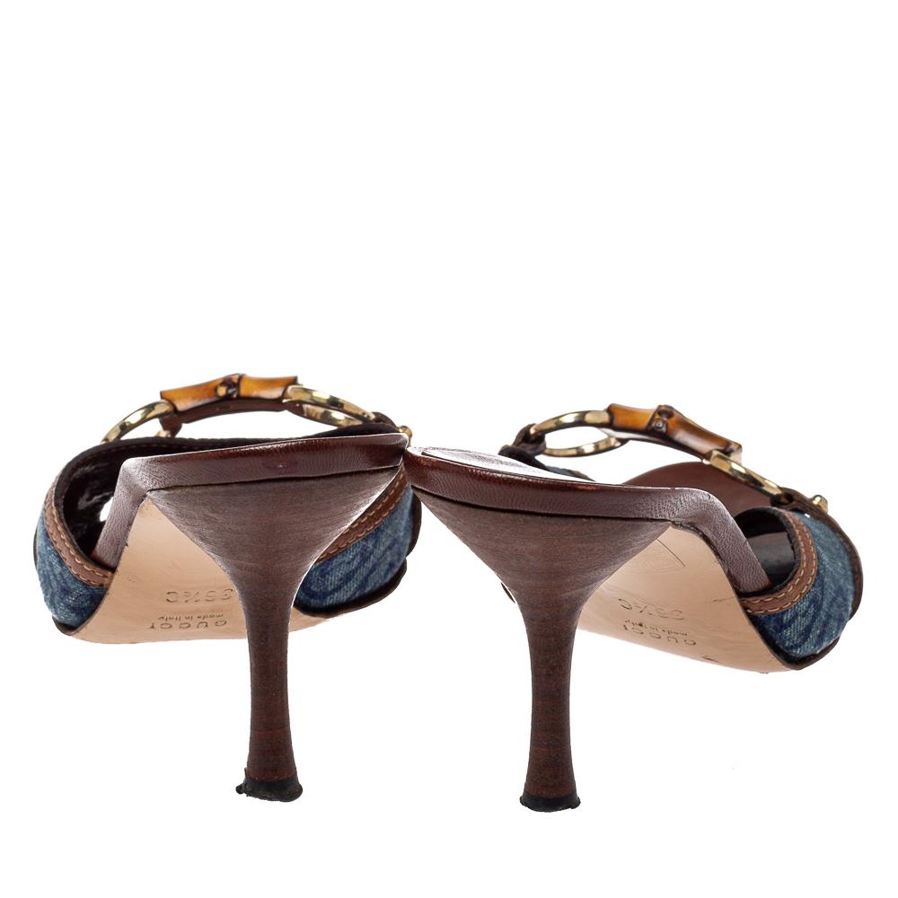 Women's Gucci Blue/Brown Denim And Leather Horsebit Slides Size 36.5