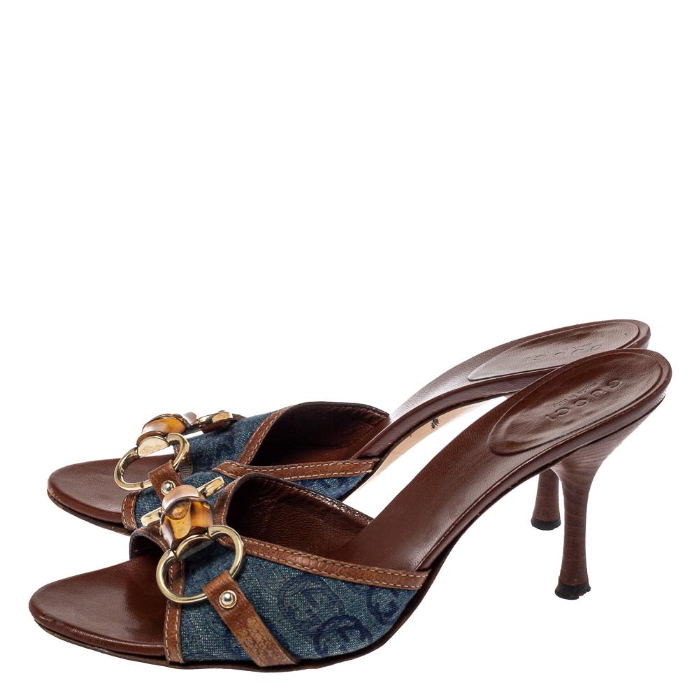 Gucci Blue/Brown Denim And Leather Horsebit Slides Size 36.5 1