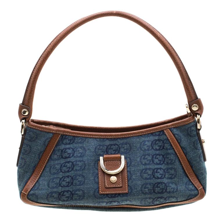 Gucci Blue/Brown GG Denim and Leather D Ring Abbey Pochette Bag For Sale at  1stDibs