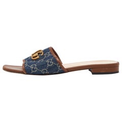 Gucci Blue/Brown GG Denim and Leather Flat Slides Size 41