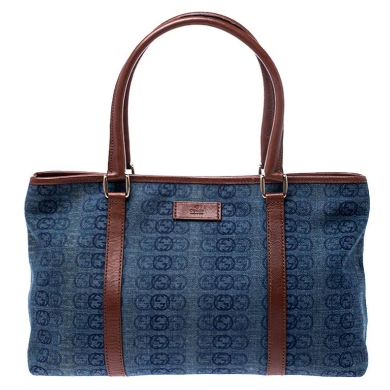 Gucci Blue/Brown GG Denim and Leather Joy Tote For Sale at 1stDibs