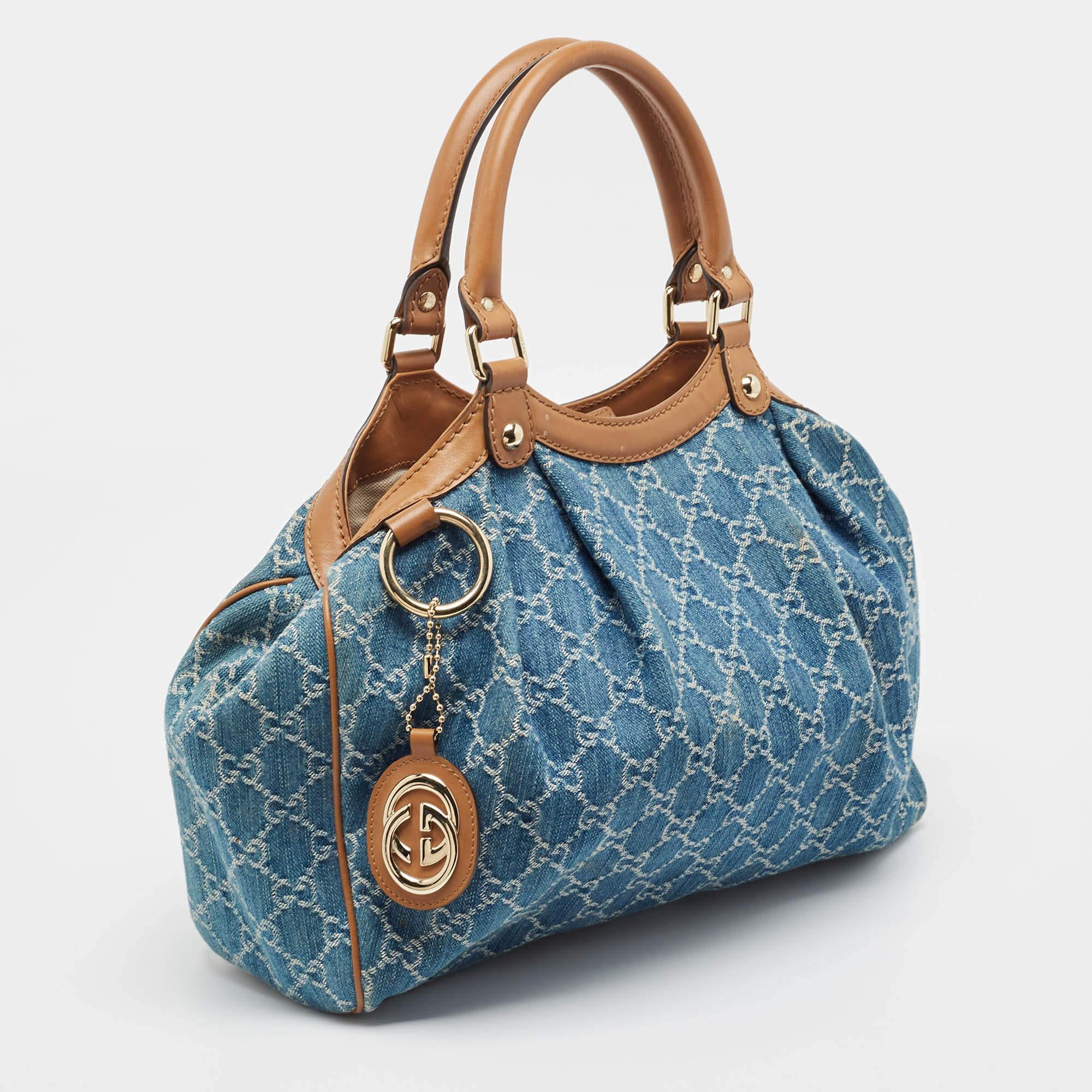 Gray Gucci Blue/Brown GG Denim and Leather Medium Sukey Tote