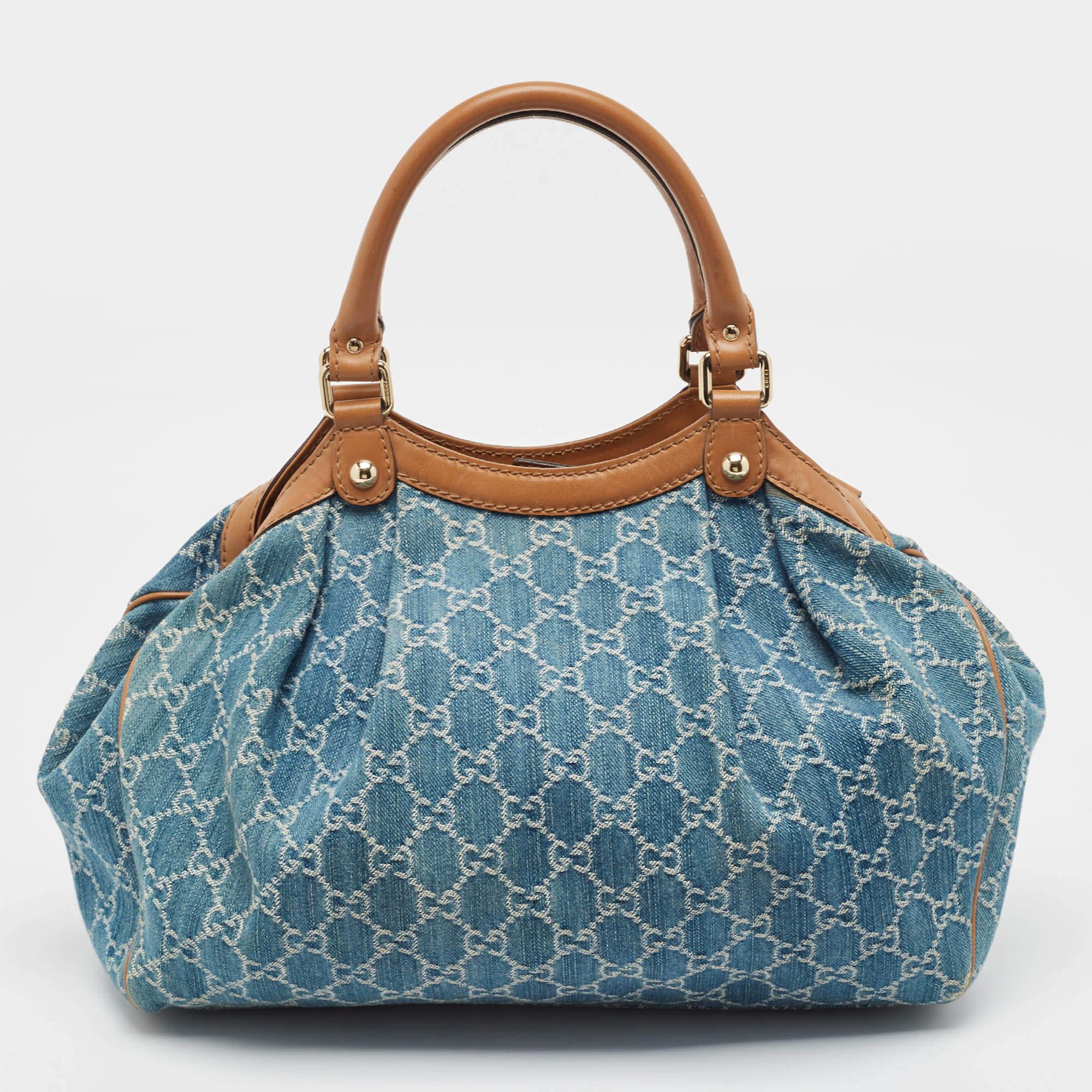 Gucci Blue/Brown GG Denim and Leather Medium Sukey Tote In Fair Condition In Dubai, Al Qouz 2