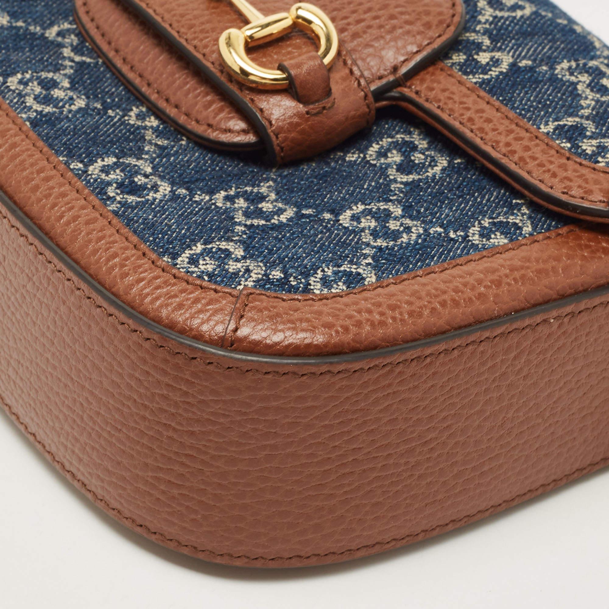 Gucci Blue/Brown GG Denim and Leather Mini Horsebit 1955 Crossbody Bag 6
