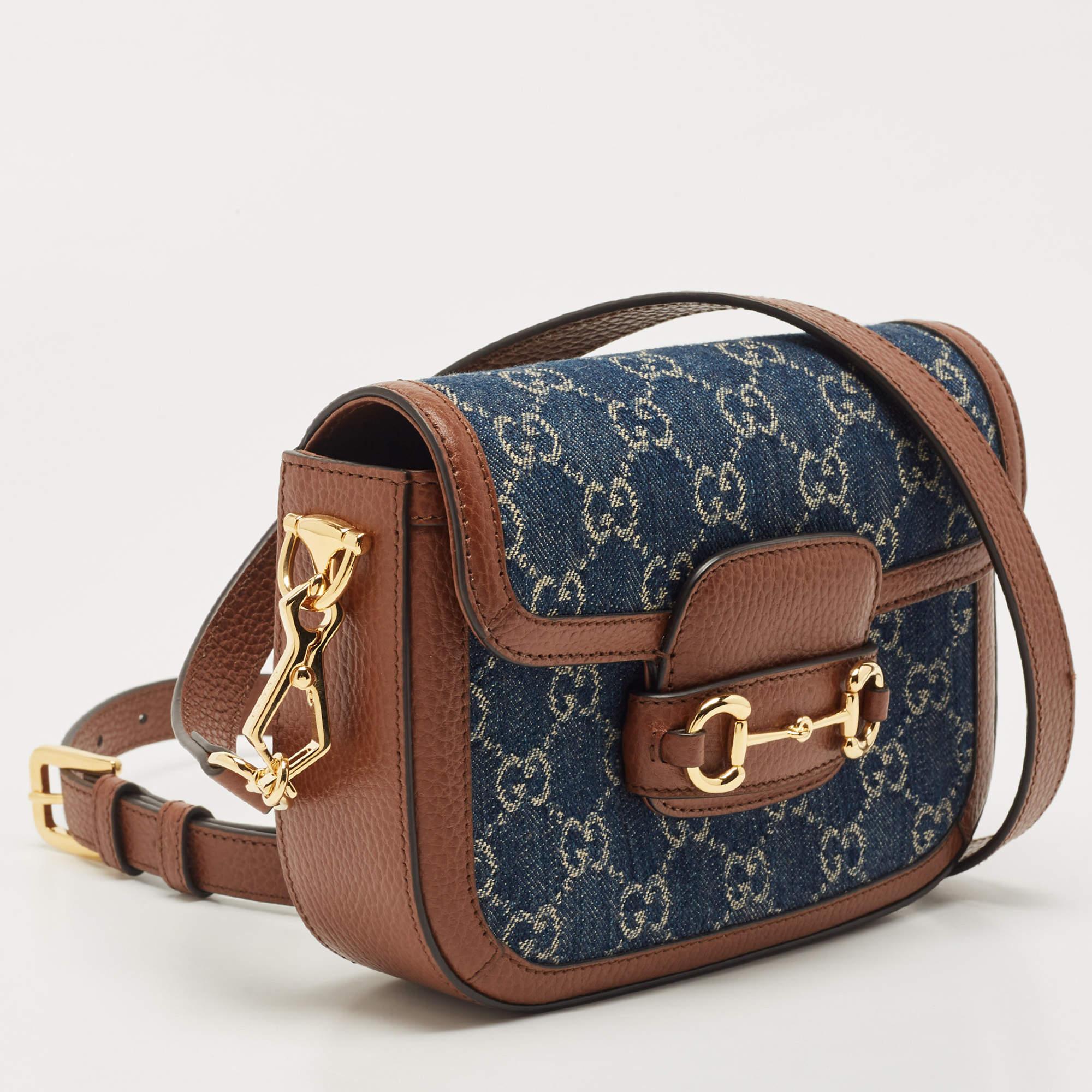 Women's Gucci Blue/Brown GG Denim and Leather Mini Horsebit 1955 Crossbody Bag