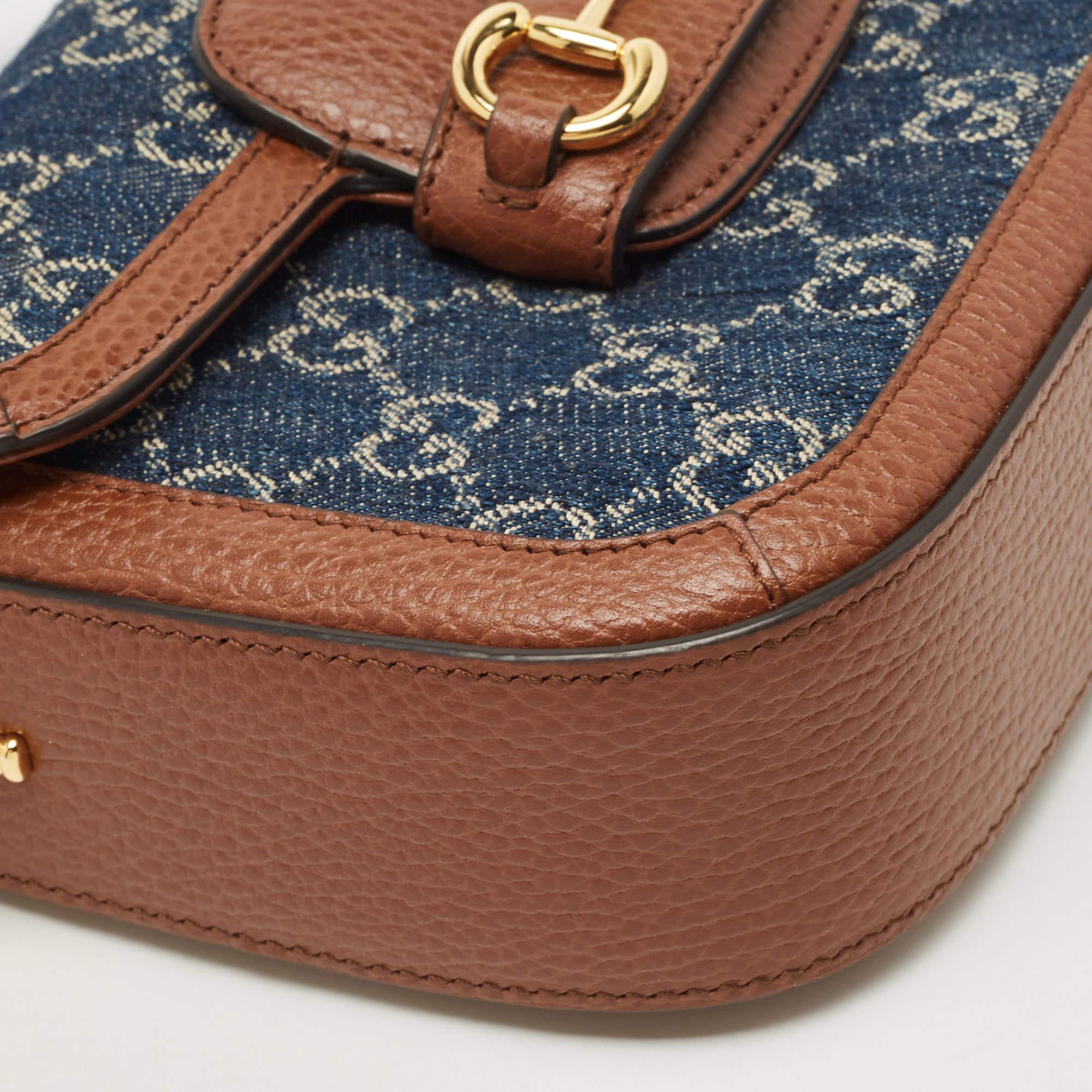 Gucci Blue/Brown GG Denim and Leather Mini Horsebit 1955 Crossbody Bag 5