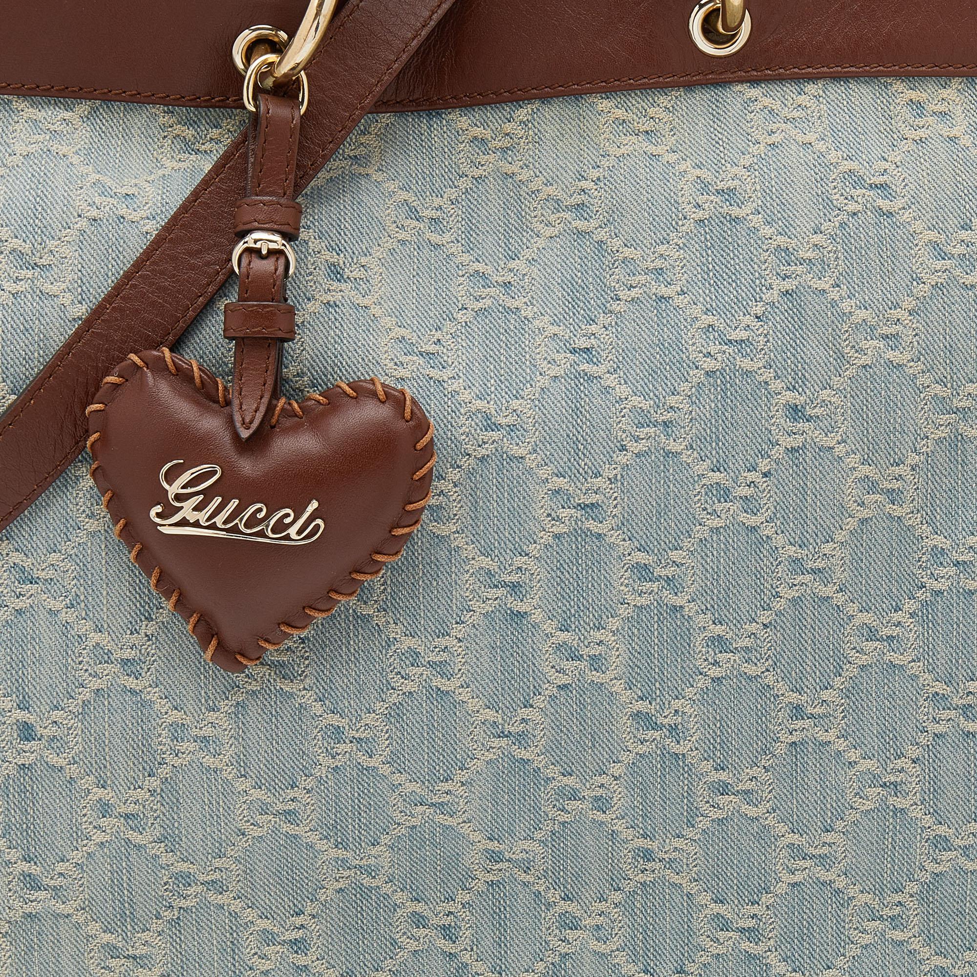 Gucci Blue/Brown GG Distressed Denim and Leather Medium Valentine Tote 3