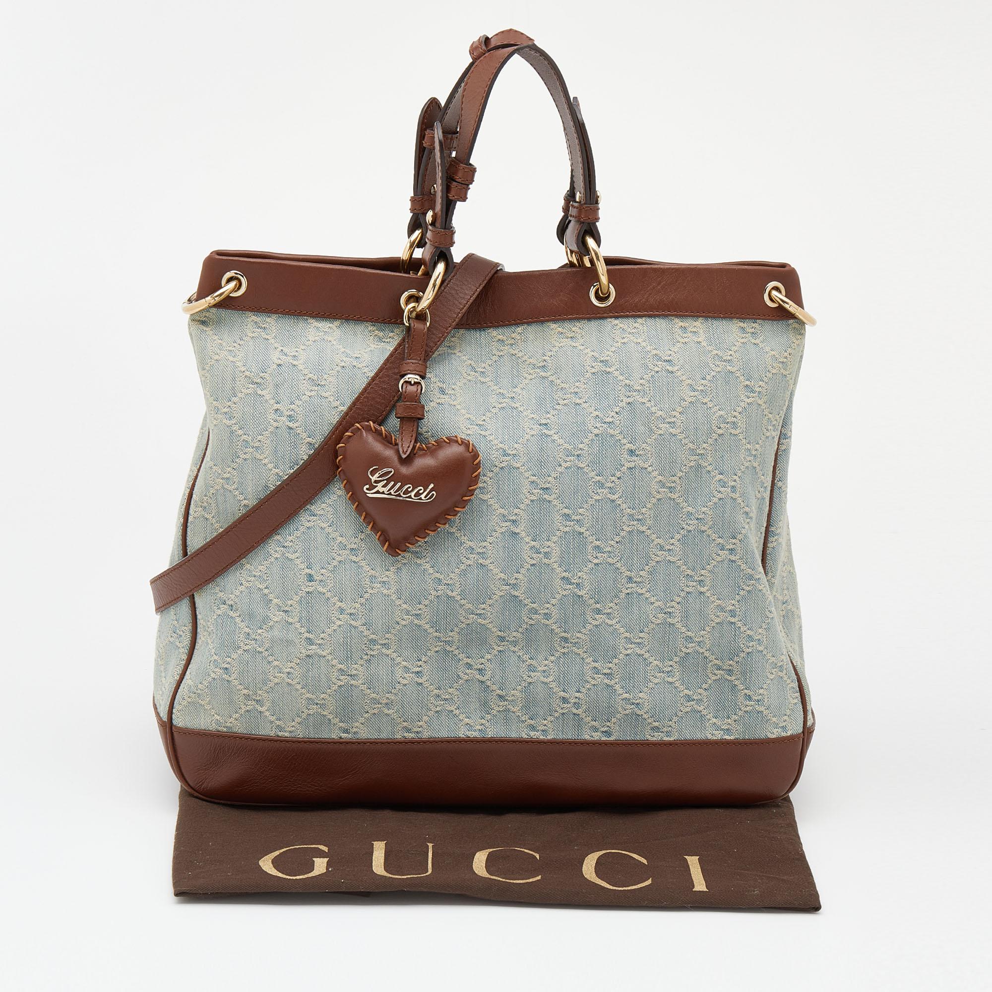 Gucci Blue/Brown GG Distressed Denim and Leather Medium Valentine Tote 4