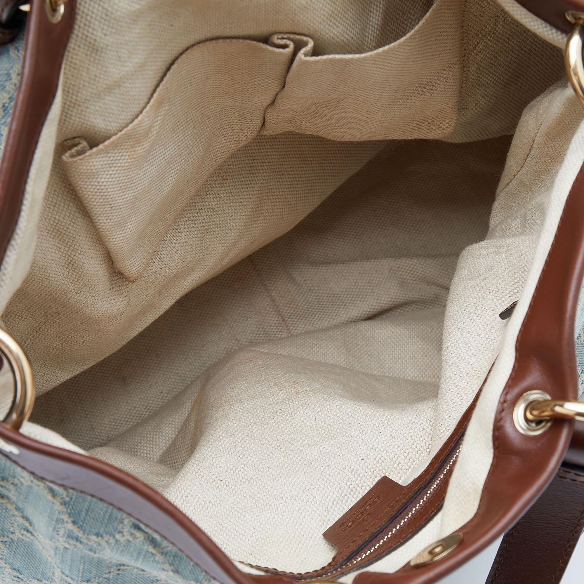 Gray Gucci Blue/Brown GG Distressed Denim and Leather Medium Valentine Tote