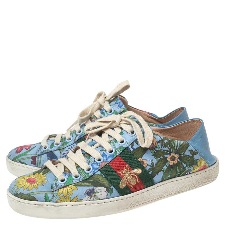 Gucci Blue Canvas Flower Print And Leather Ace Sneakers Size 36 | gucci flower floral gucci sneakers, flower gucci
