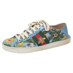 Gucci Blue Canvas Flower Print And Leather Ace Sneakers Size 36