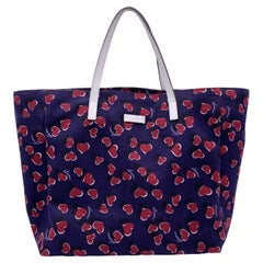 Vintage Gucci Blue Canvas Heartbeat Print Tote Shopping Bag Handbag