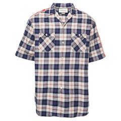 Gucci Blue Checked Cotton & Linen Logo Band Detail Short-Sleeve Shirt M