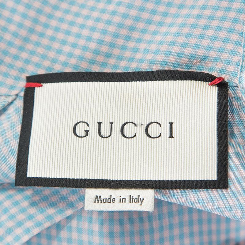 Men's Gucci Blue Checked Crepe Ruffle Trim Shirt XXL