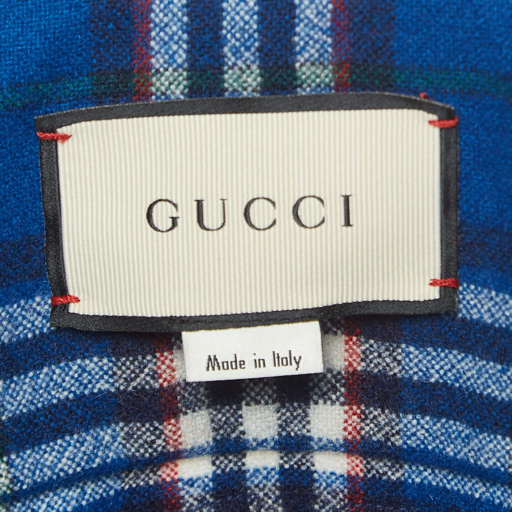 Women's Gucci Blue Checked Wool Wolf Embroidered Flannel Shirt XL