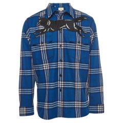 Gucci Blue Checked Wool Wolf Embroidered Flannel Shirt XL