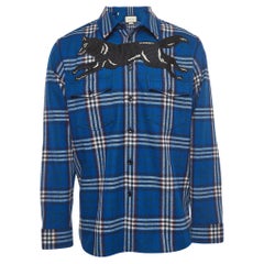 Blau kariertes Flannelhemd aus Wolle mit Wolf-Stickerei von Gucci XL