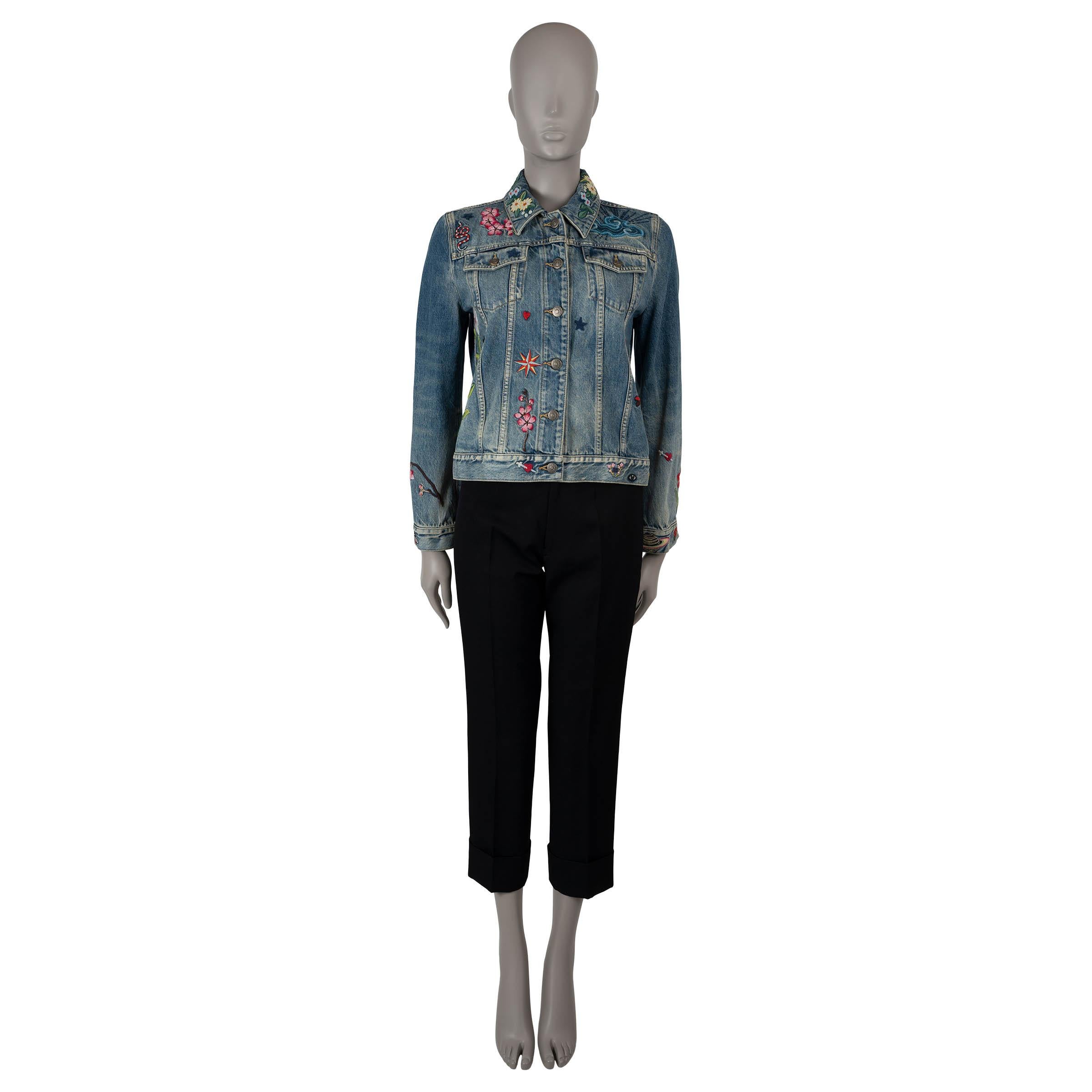 GUCCI blue cotton 2017 BLIND FOR LOVE FLORAL DENIM Jacket 40 S In Excellent Condition In Zürich, CH