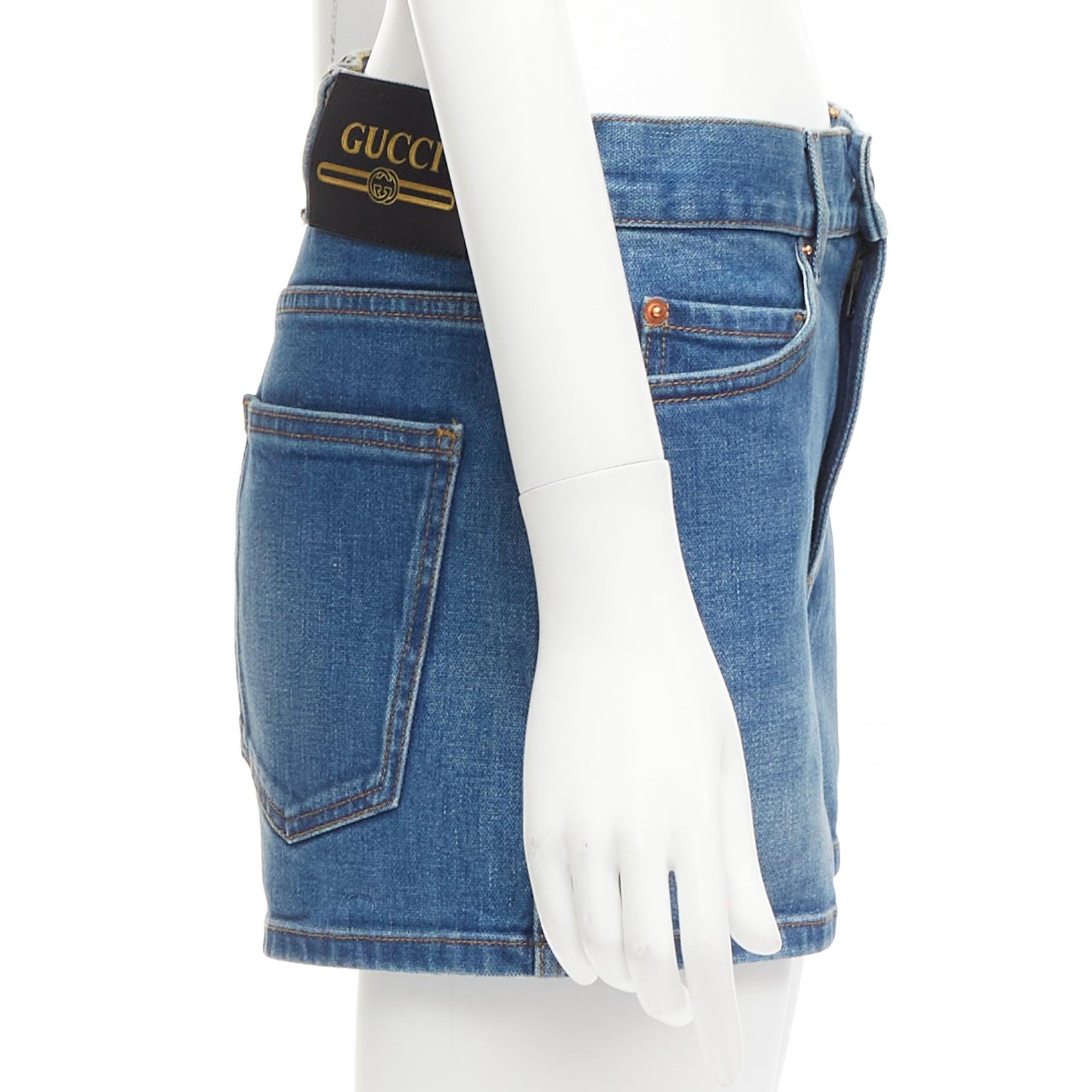 GUCCI blue cotton blend red GG logo patch wide leg mid rise shorts 24