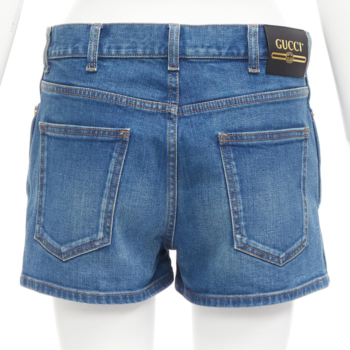 Women's GUCCI blue cotton blend red GG logo patch wide leg mid rise shorts 24