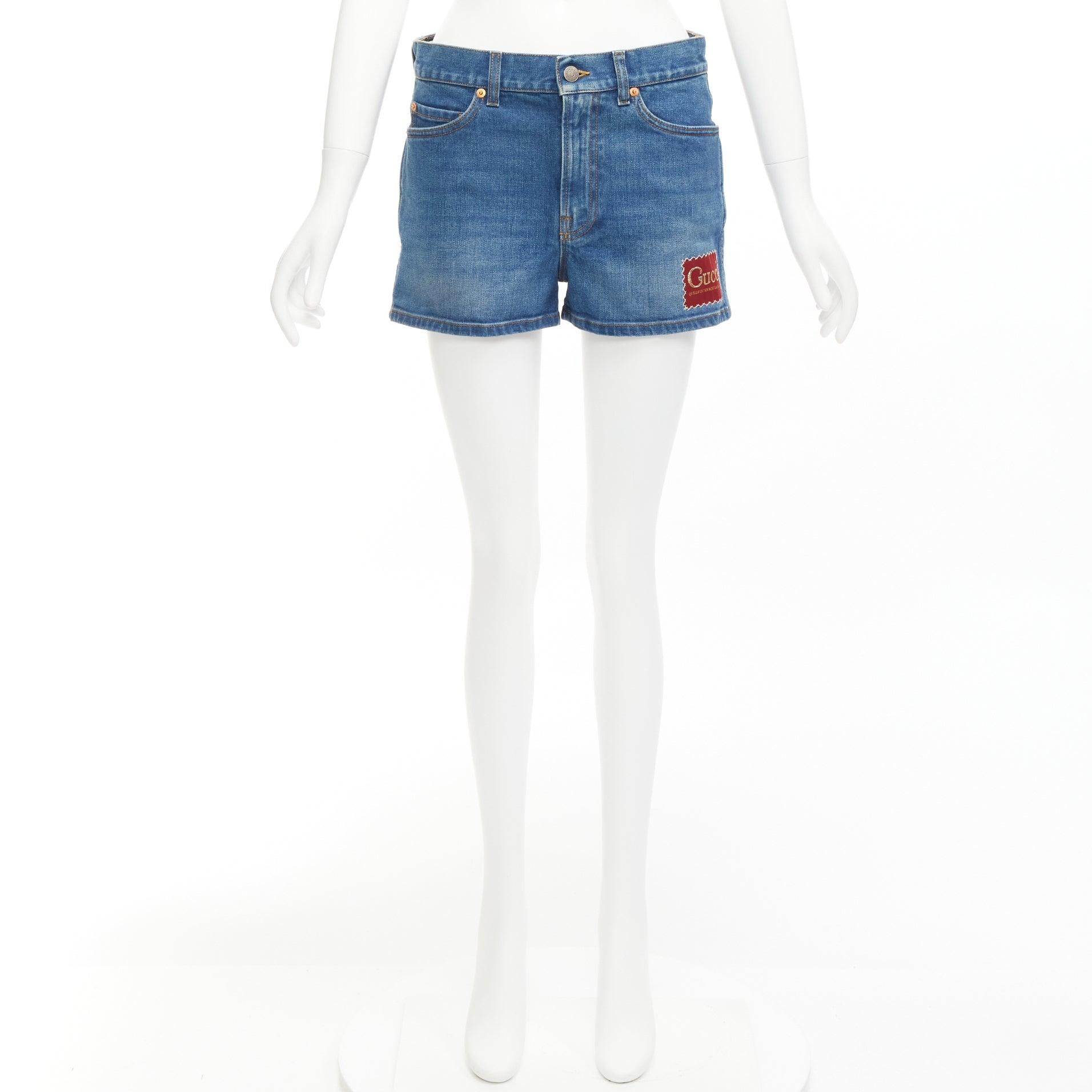 GUCCI blue cotton blend red GG logo patch wide leg mid rise shorts 24