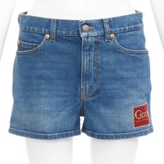 GUCCI blue cotton blend red GG logo patch wide leg mid rise shorts 24"