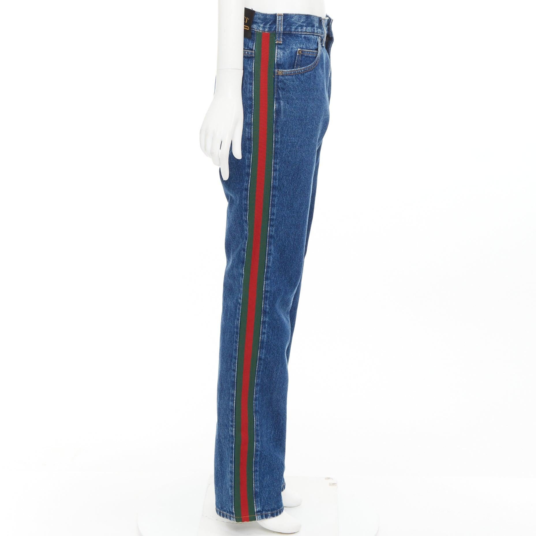 Vaqueros de pernera recta GUCCI de mezcla de algodón azul firma verde ribete rojo 31 en Excelente estado para la venta en Hong Kong, NT