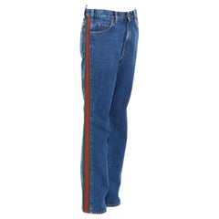 GUCCI blue cotton blend signature green red web trim straight leg jeans 31"
