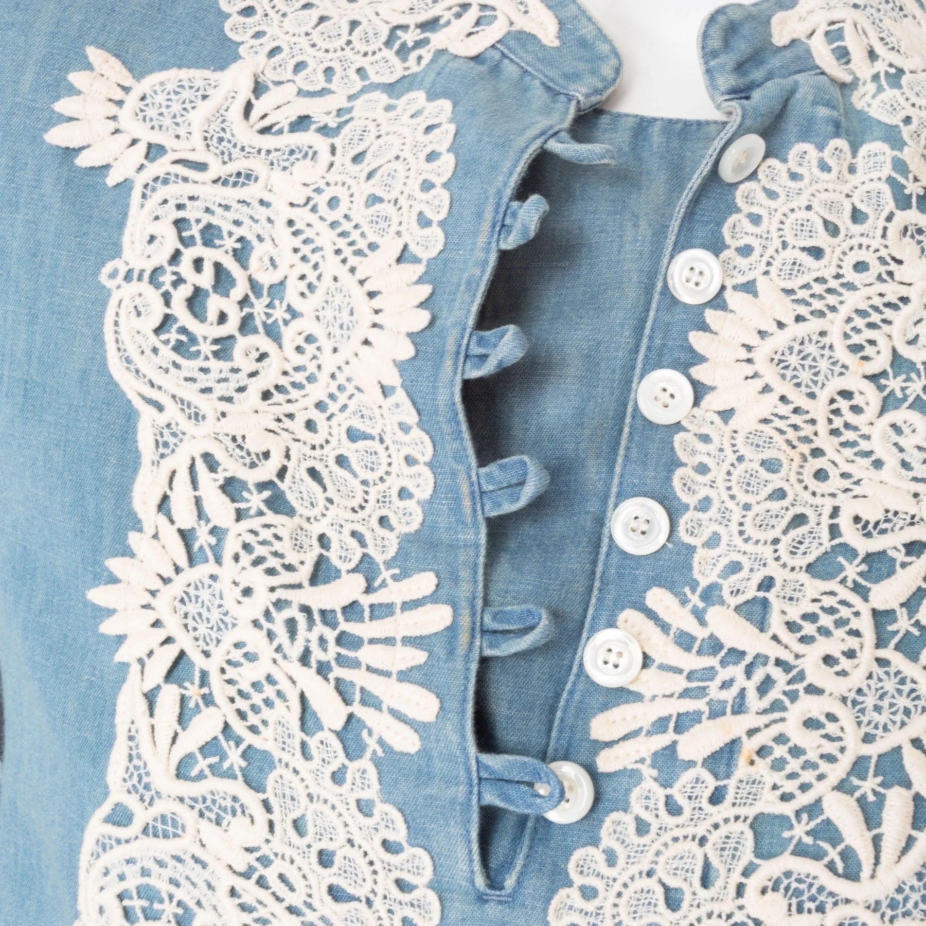 Gucci Blue Cotton-Linen Chambray and Lace Tunic Dress For Sale 2