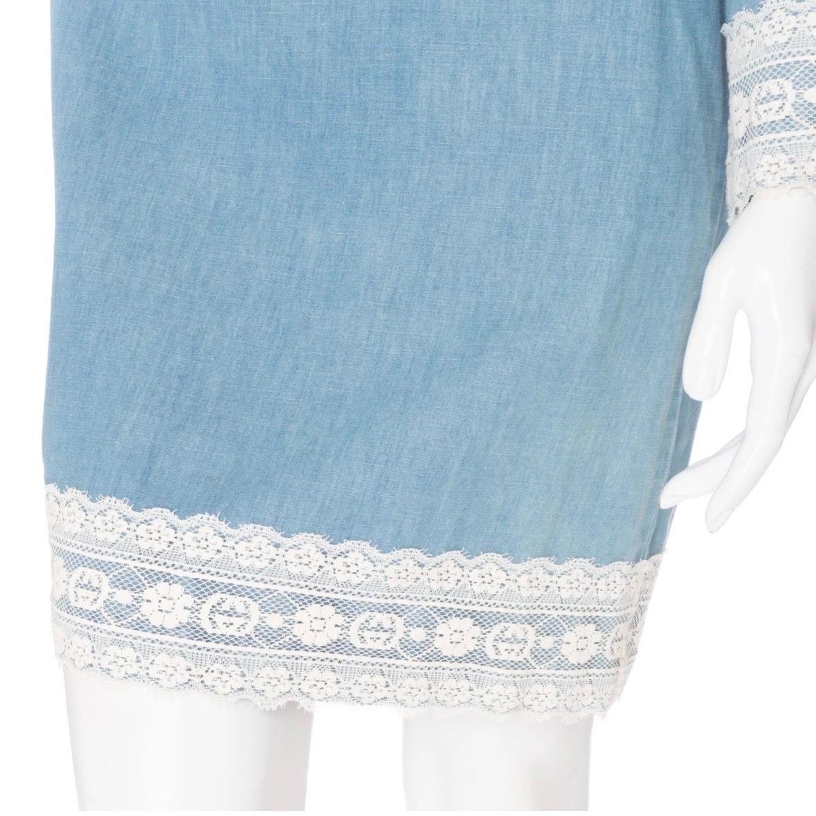 Gucci Blue Cotton-Linen Chambray and Lace Tunic Dress  For Sale 2