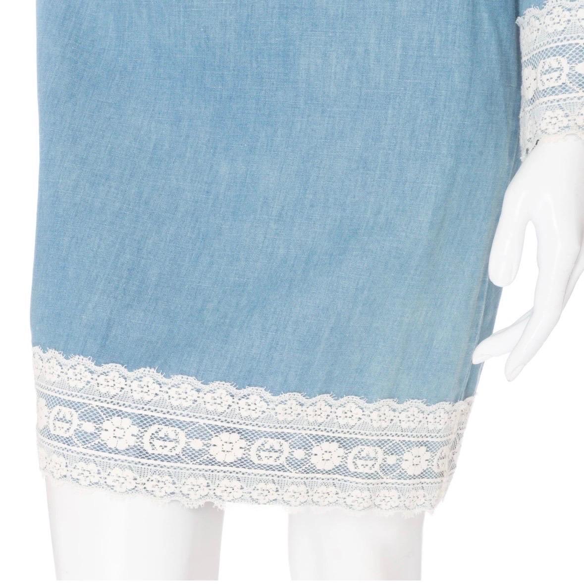 Gucci Blue Cotton-Linen Chambray and Lace Tunic Dress For Sale 2