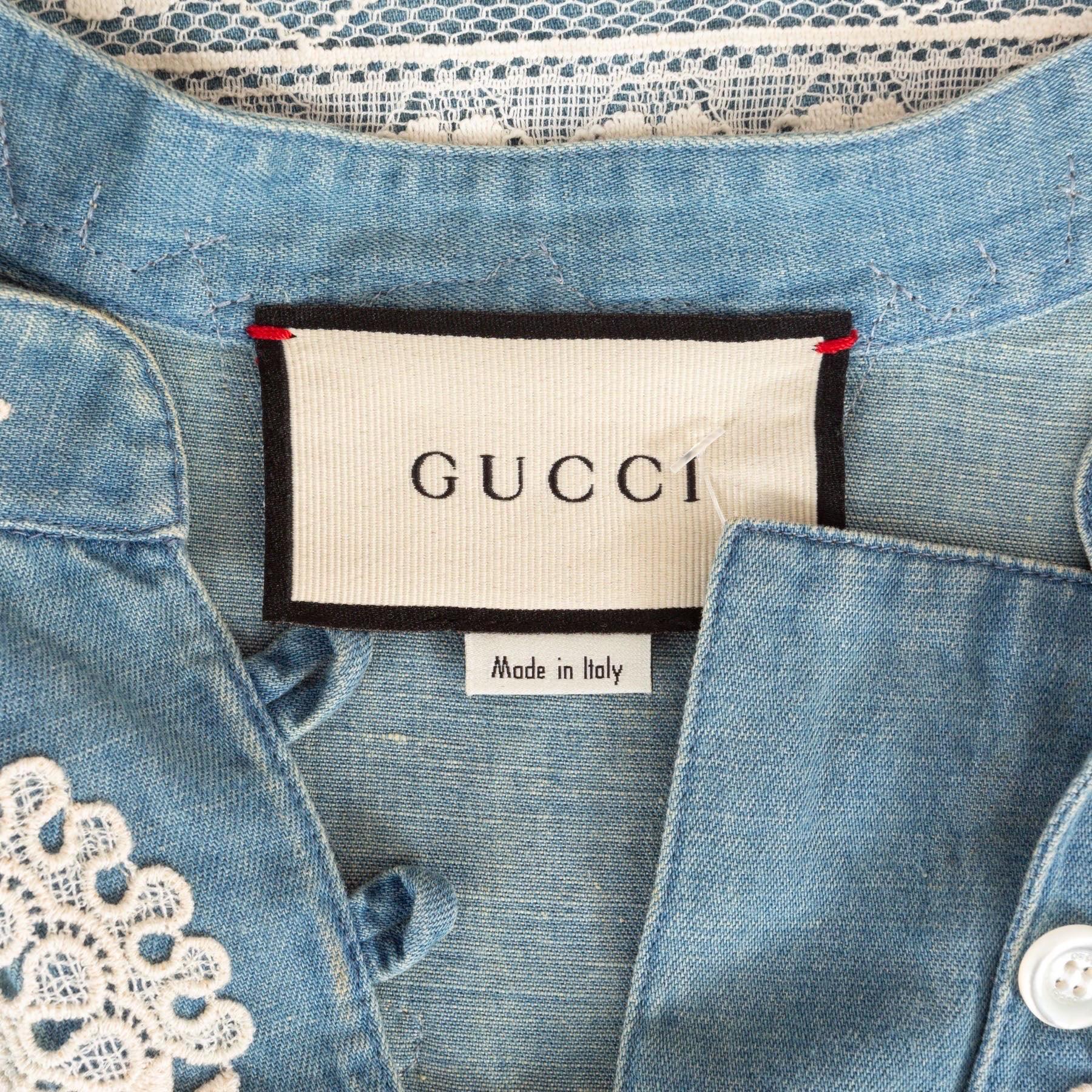 Gucci Blue Cotton-Linen Chambray and Lace Tunic Dress For Sale 4