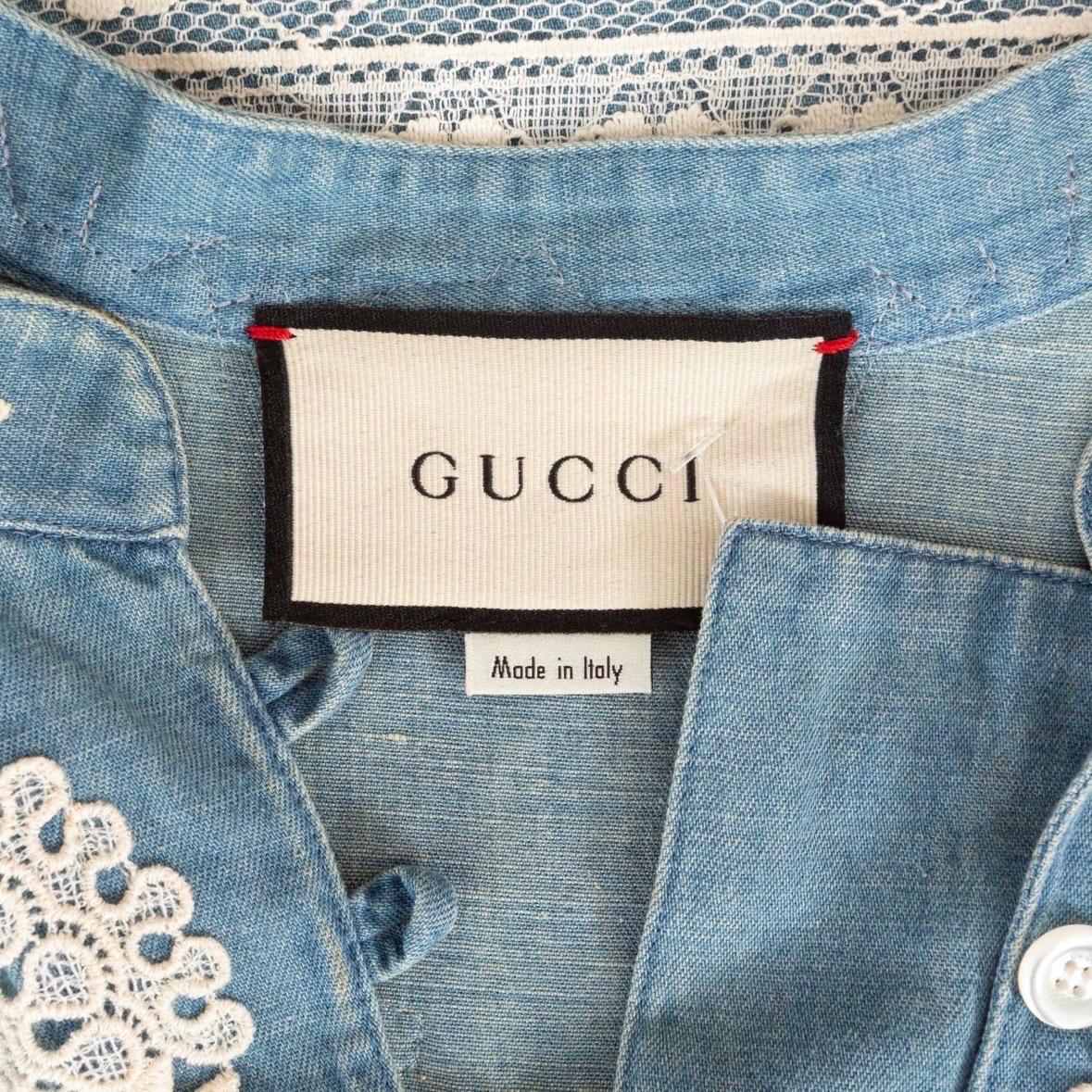 Gucci - Robe tunique en chambray de coton et lin et dentelle - Bleu  en vente 4