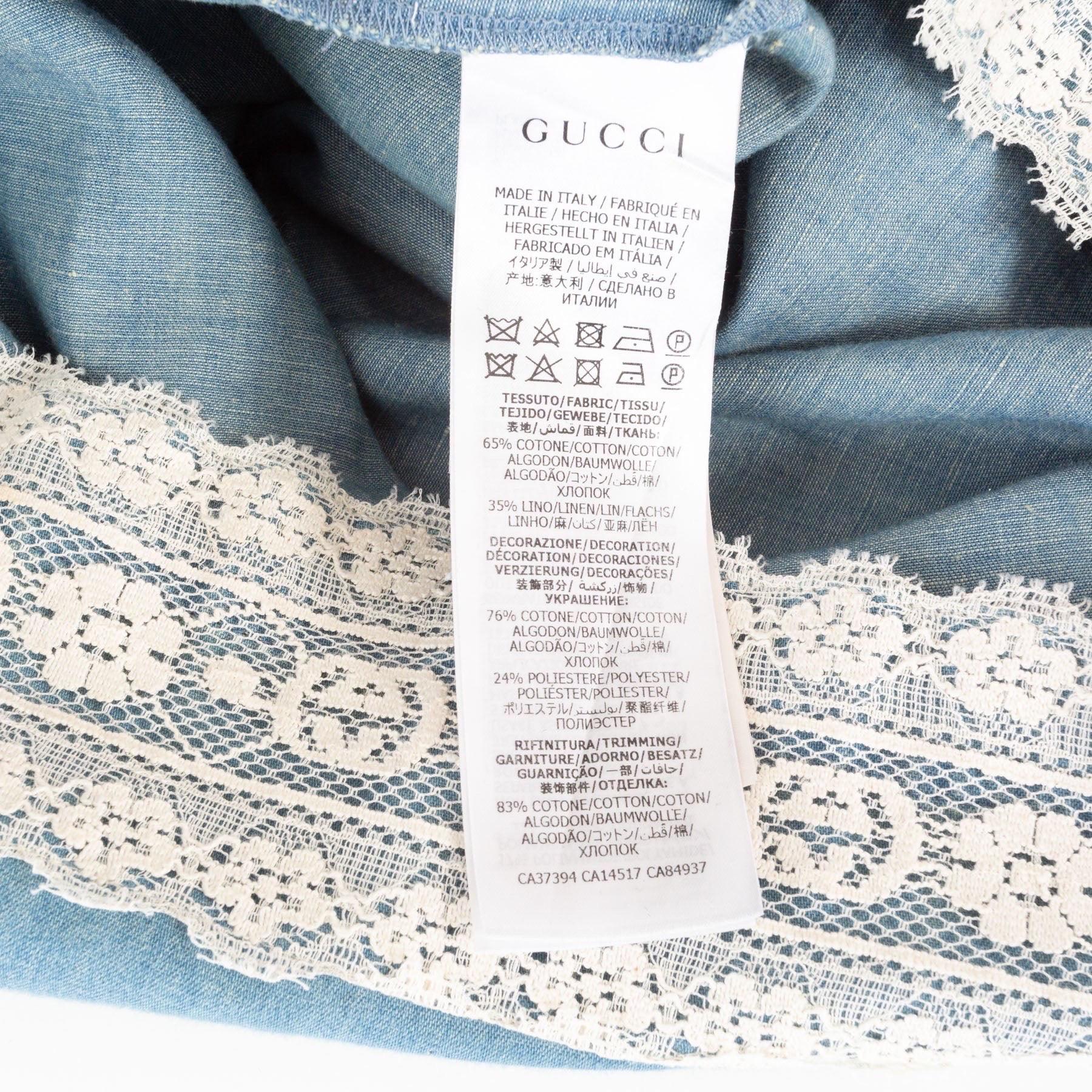 Gucci Blue Cotton-Linen Chambray and Lace Tunic Dress For Sale 5