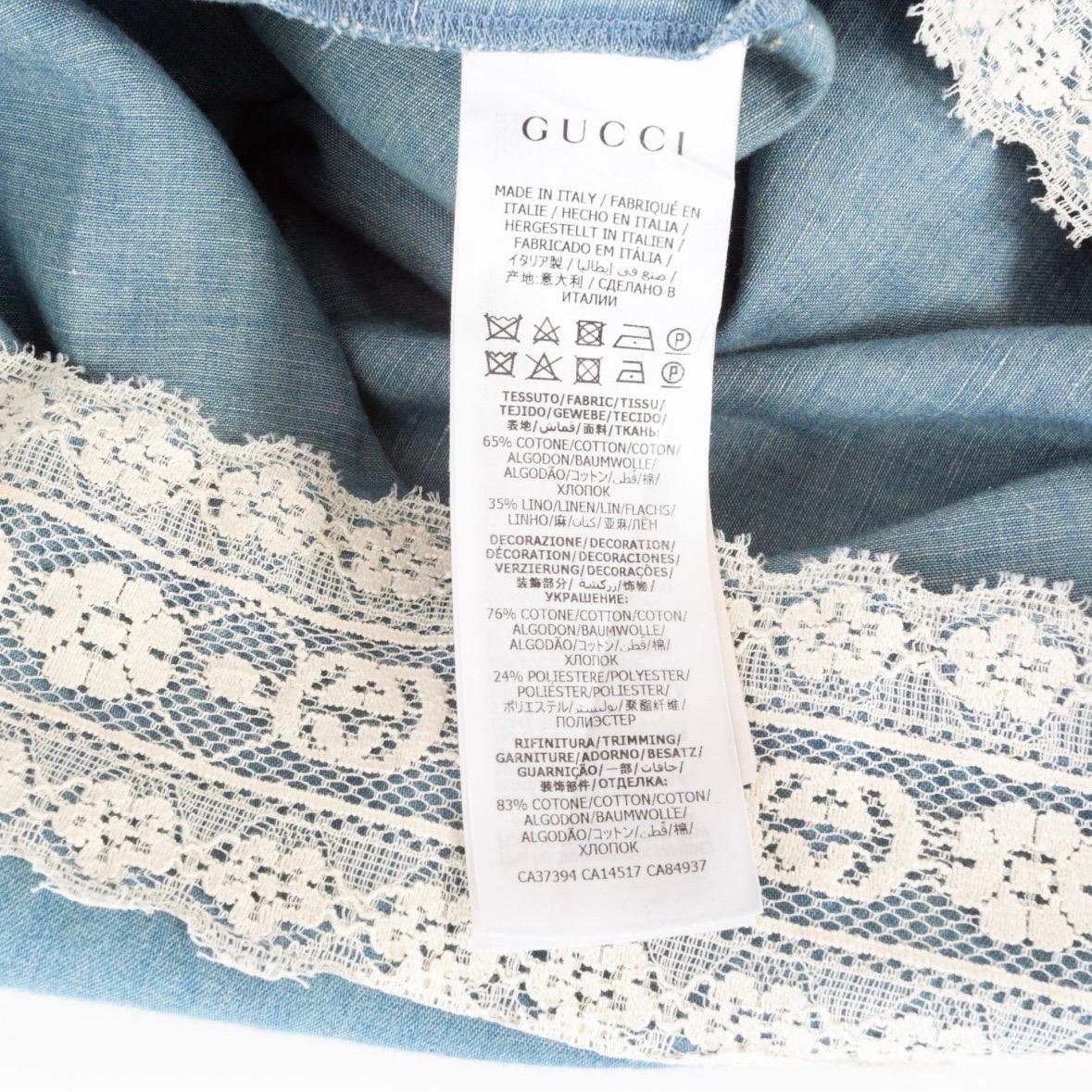 Gucci - Robe tunique en chambray de coton et lin et dentelle - Bleu  en vente 5
