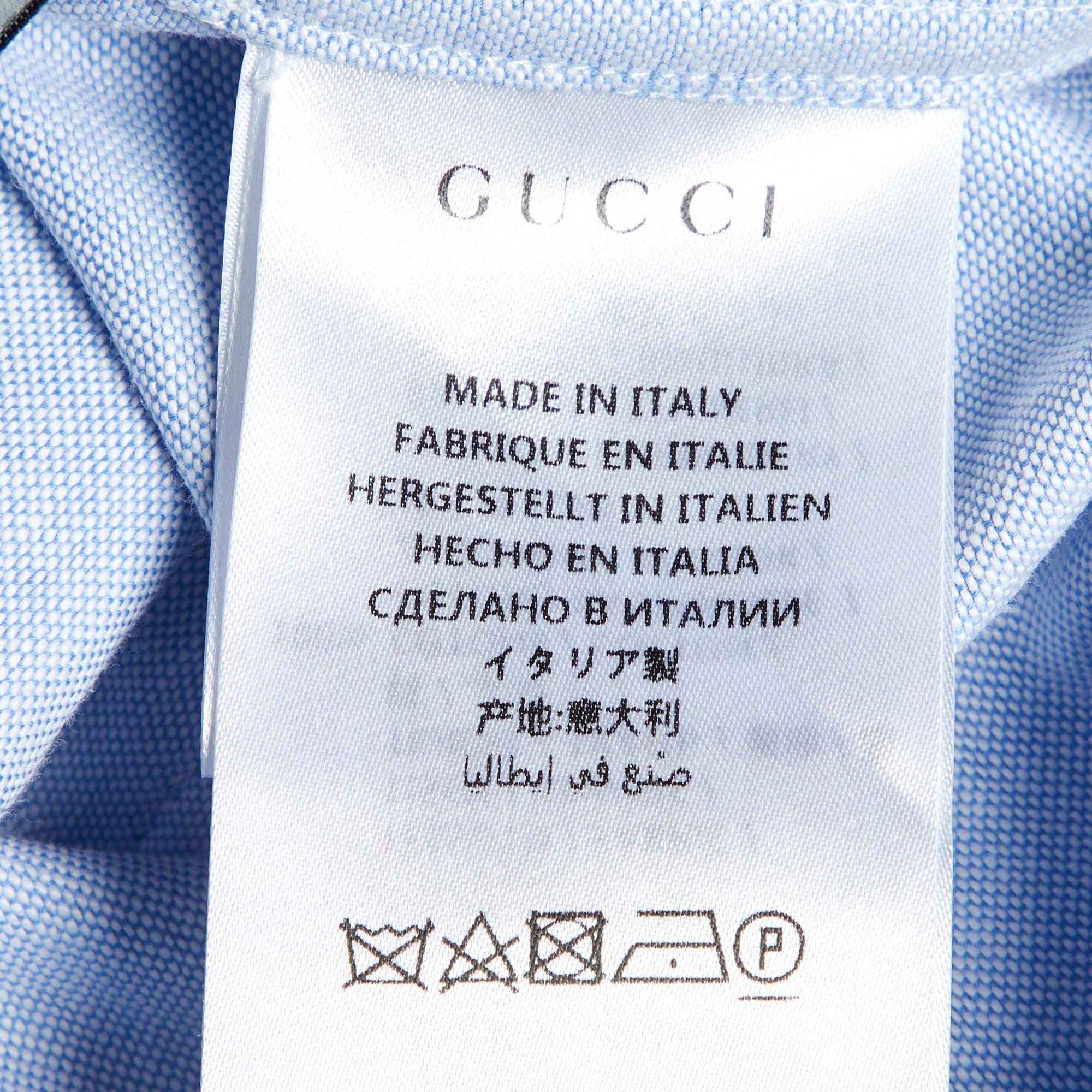 Uomo Gucci - Camicia a maniche lunghe in cotone blu con logo ricamato - S