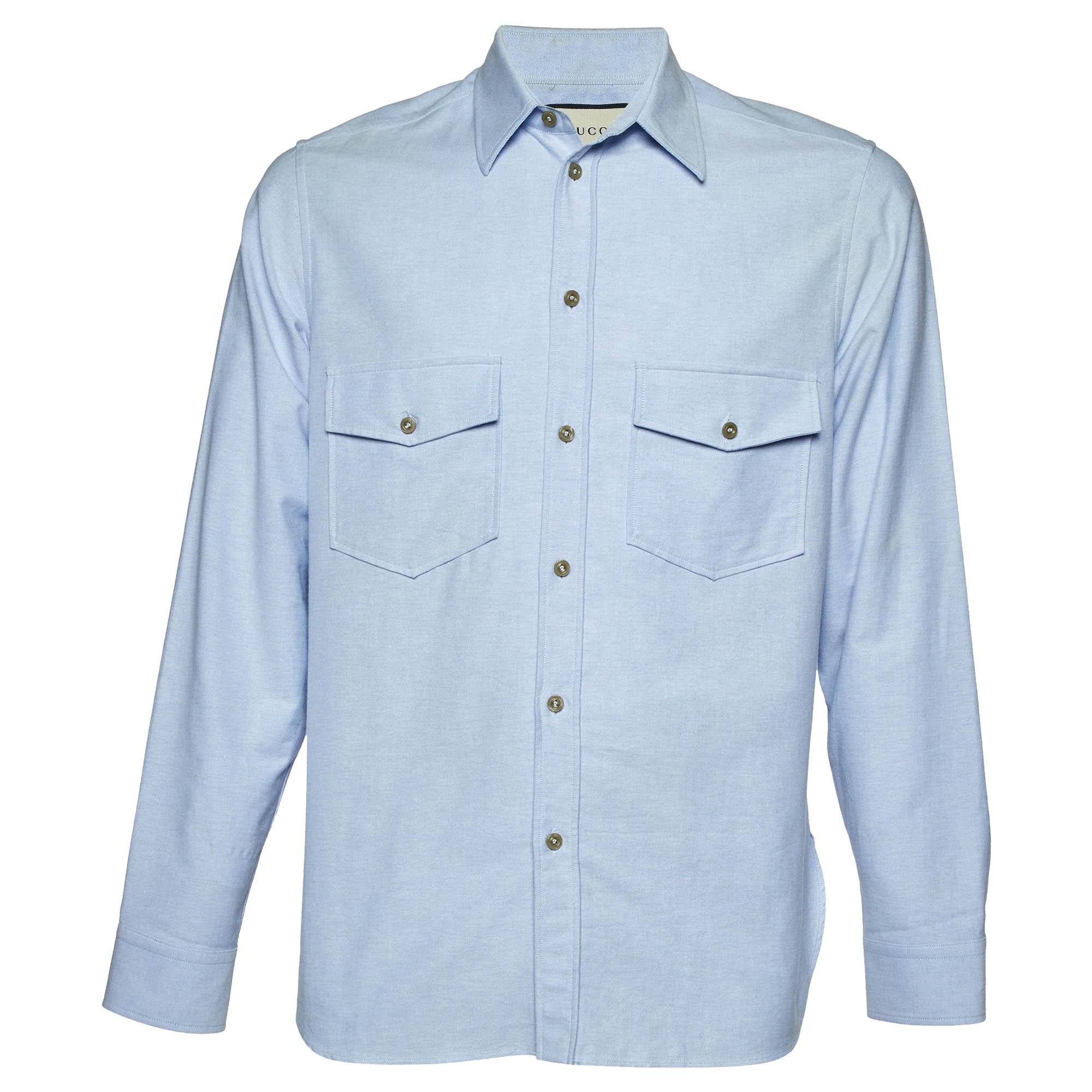 Gucci Blue Cotton Logo Embroidered Long Sleeve Shirt S