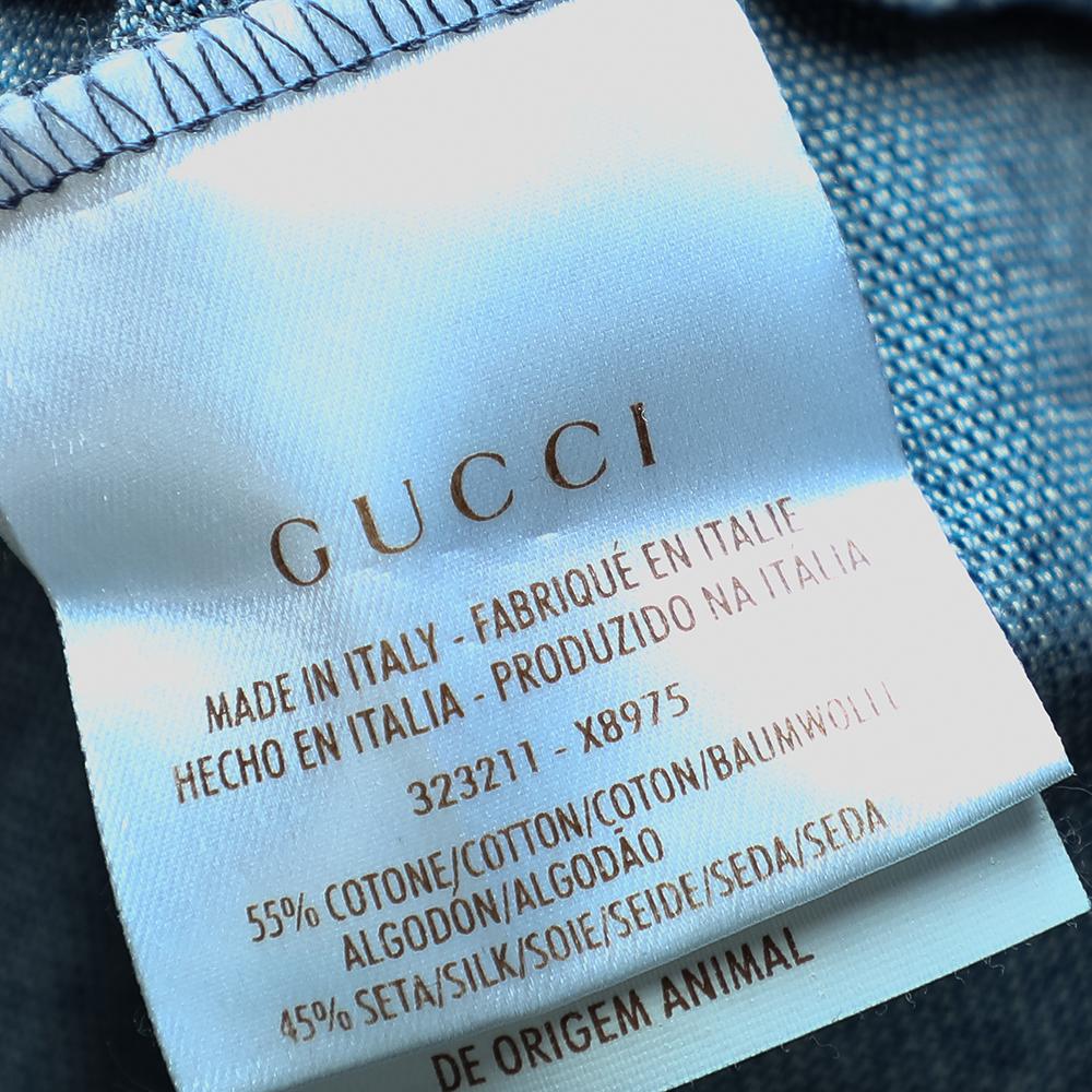 Men's Gucci Blue Cotton Pique Logo Embroidered Detail Polo T-Shirt M