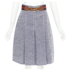 GUCCI blue cotton twill red Web Horsebit belt pleated midi skirt IT40 S