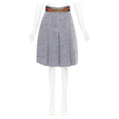 GUCCI blue cotton twill red Web Horsebit belt pleated midi skirt IT40 S