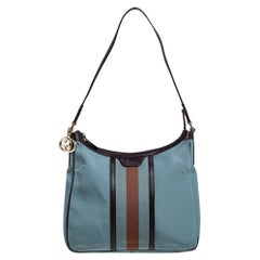 Gucci Blue/Dark Brown Nylon and Leather Vintage Web Hobo