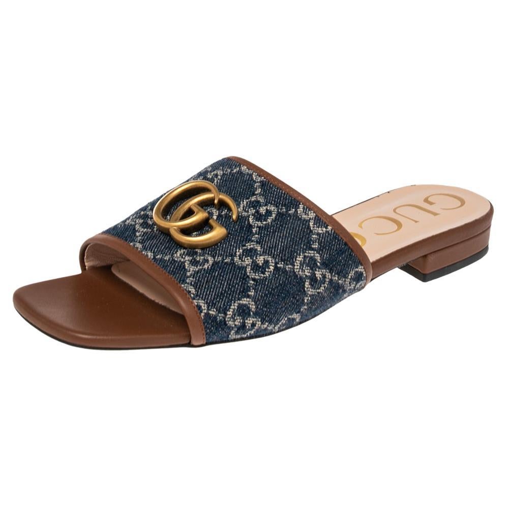 Gucci Blue Demin And Leather Double G Logo Slide Sandals Size 37