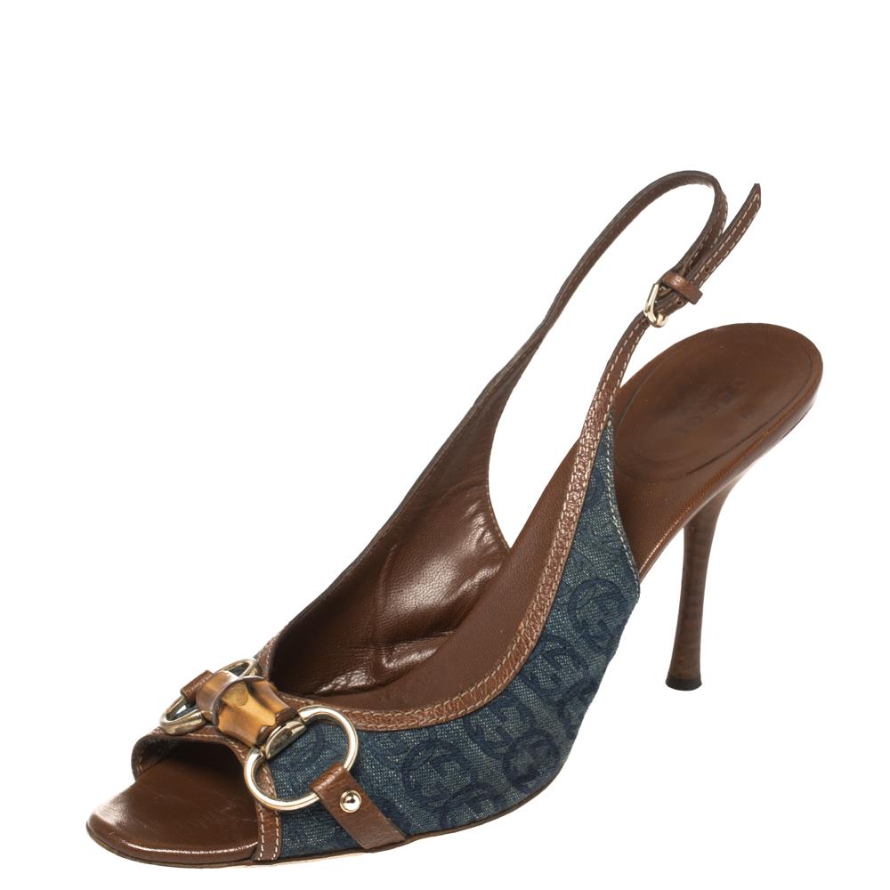 These Gucci sandals crafted from denim and leather showcase a minimally classic charm. They are lined with pure leather for lasting comfort. These sandals also feature slingbacks, 10.5 cm heels, and an iconic House code—bamboo Horsebit.

Includes: