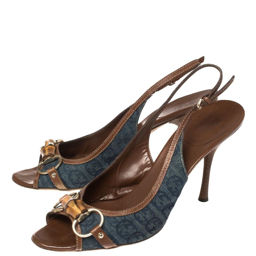 Black Gucci Blue Denim Bamboo Horsebit Slingback Sandals Size 41